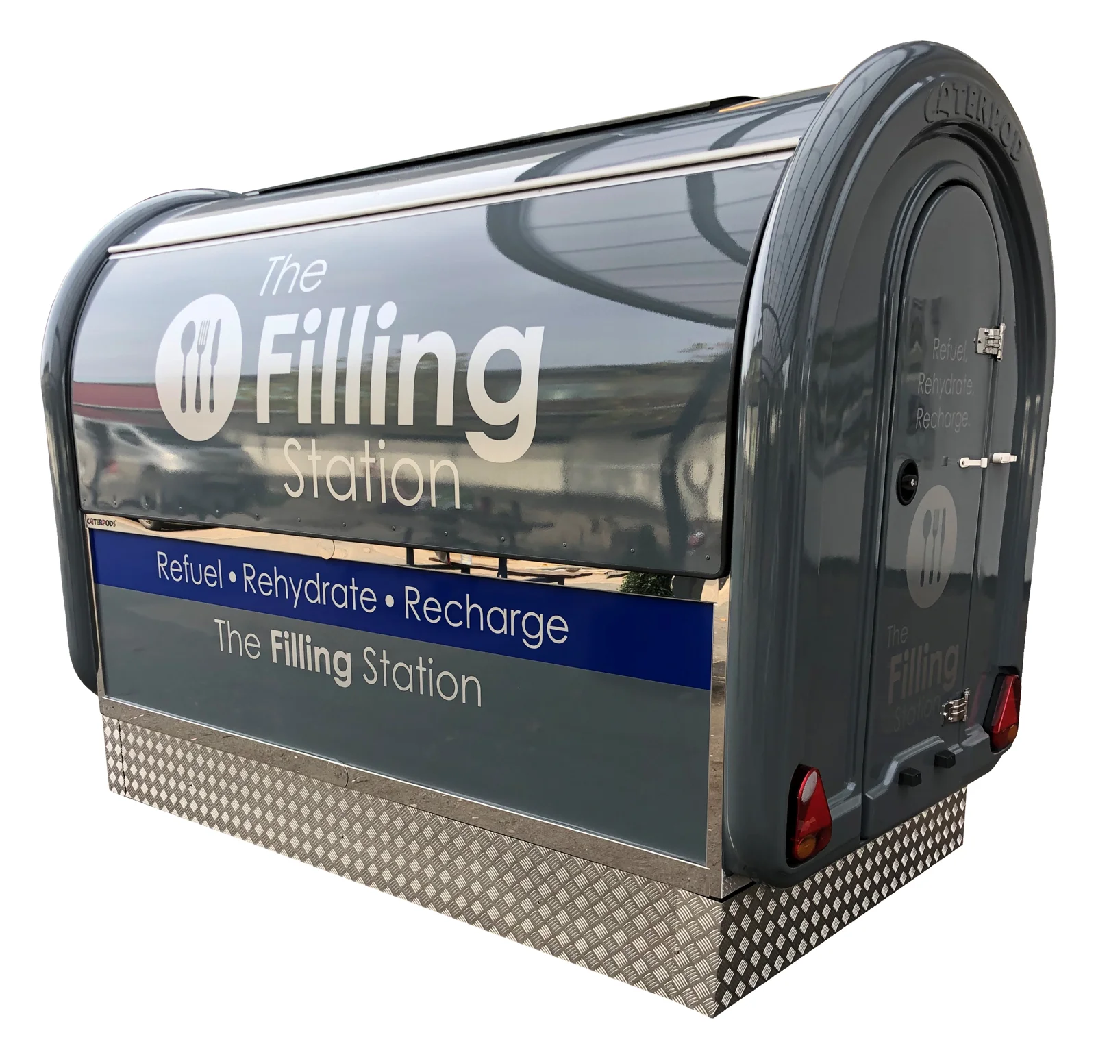 Grey Caterpod Kiosk branded for The Filling Station