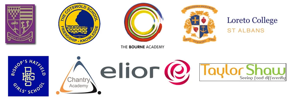 Logos of schools and contractors Caterpods has worked with, including The Cotswold School, The Bourne Academy, Loreto College St Albans, Bishop's Hatfield Girls' School, Chantry Academy, Elior and Taylor Shaw